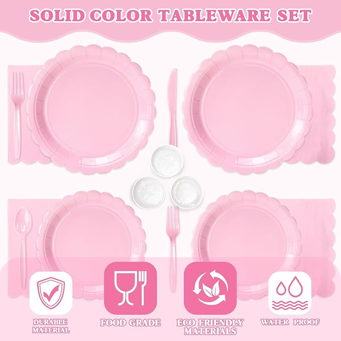 Vyntra 350 Pcs Pink Paper Plates and Napkins Set for 50, 9" Dinner Plates & 7" Dessert Plates, Tableware for Birthday Party, Mother's Day