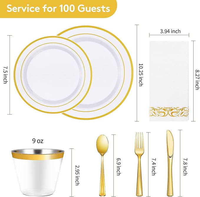 Goodluck 700 Pieces Gold Dinnerware Set for 100 Guests, Disposable for Party, Include: 100 Gold Rim Dinner Plates, 100 Dessert Plates, 100 Paper Napkins, 100 Cups, 100 Plastic Silverware Set