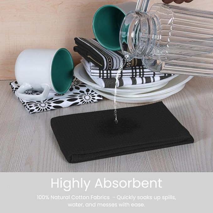 Assorted Kitchen Towels Large 16x26 inch 100% Cotton Set of 5 - Soft Absorbent Washable Tea Towel for Kitchen - Dish Cloths Towel with Hanging Loop - Quick Drying Dish Towels Black