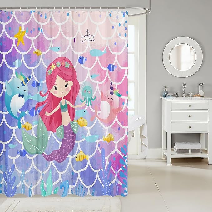 Mermaid Shower Curtain, Watercolor Mermaid Scale Bathroom Decor, Cartoon Dolphin Octopus Waterproof Curtain, 12 Hooks, 72" Wx84" L