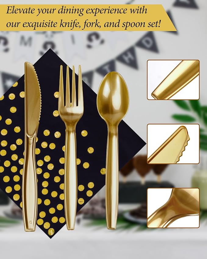 350 Pieces Party Supplies, Black and Gold Party Plates Cups and Napkins Sets with Plastic Knives forks spoons, Disposable Tableware Serves 50 Sets for Wedding, Birthday, Graduation, Festivals