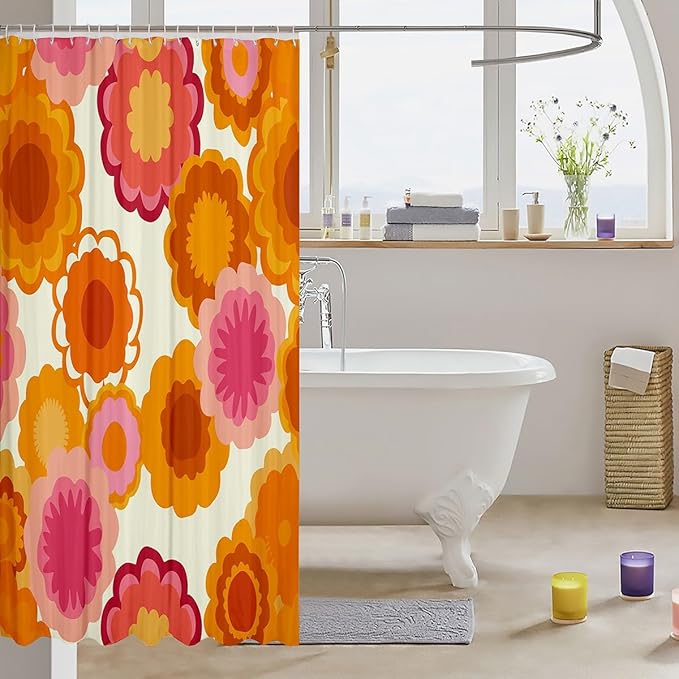 Vintage Floral Print Shower Curtain Kids Retro Hippie Flowers Bathroom Shower Curtain Set for Boys Teens Botanical Blossom Bath Curtain Waterproof 60S 70S Groovy Kids Bathroom Accessories 72"x78"