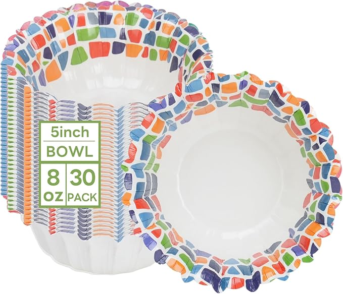 30 Pcs Small Paper Bowls, 8oz Floral Disposable Soup Bowl, Heavy Duty Printed Disposable Bowls For Snack,Dessert,Ice Cream,Salad, Party & Everyday Use(Colored Stones)