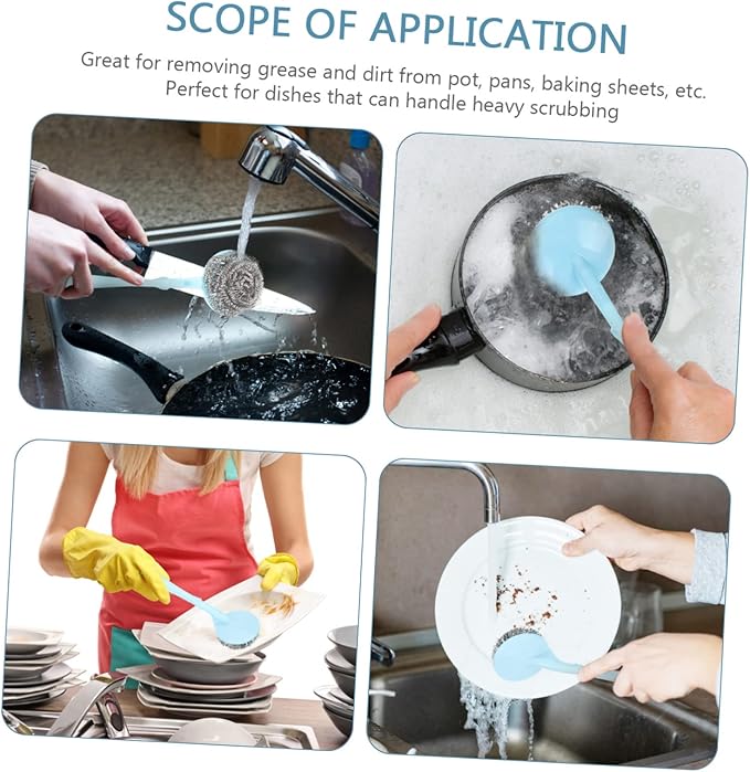 OUNONA Steel Scrubber Cleaning Ball Set Stainless Steel Pot Scrubber with Handle Kitchen Supplies for Dish Cleaning Random Color