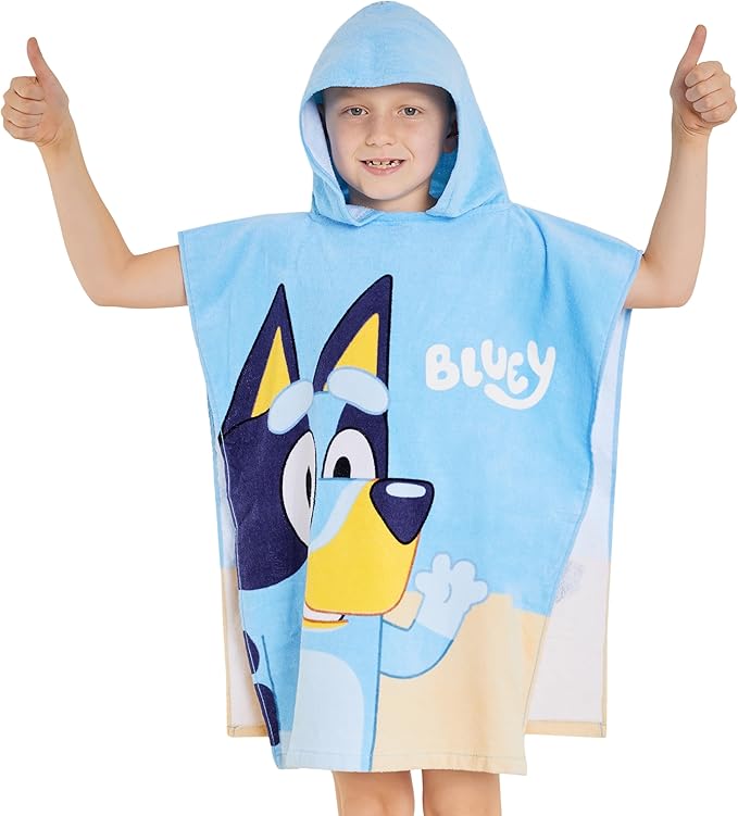 Bluey Kids Changing Robe, Hooded Towel Poncho for Boys Girls, Soft Absorbent Cotton Wearable Towel for Swim Surf Bath Beach Cover Up, Gifts for Kids (Blue/Orange)