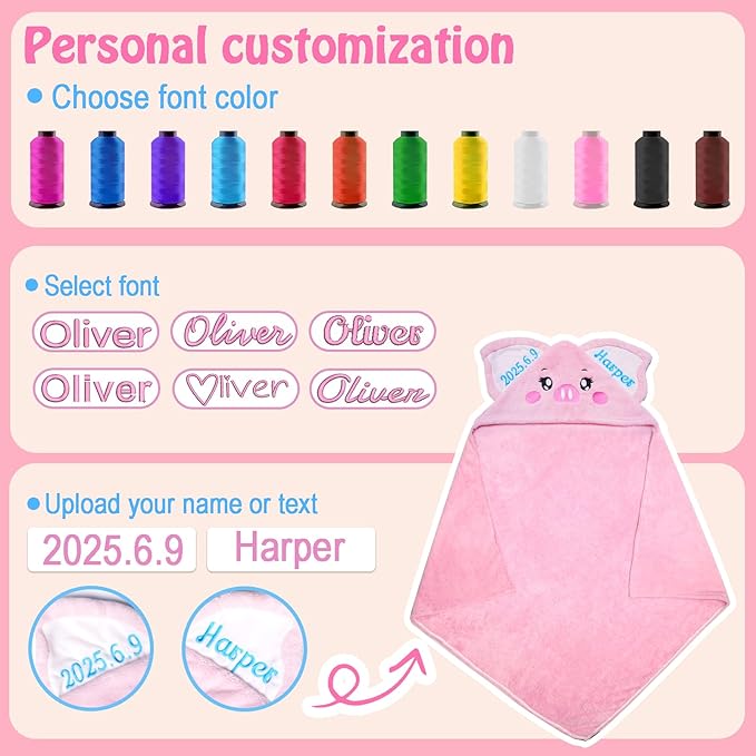 Custom Hooded Baby Towel with Name, Personalized Soft Absorbent Piggy Bath Towel, Shower Towels for Girls Boys, Easter Brithday for Kids Baby, Toddler, Newborn Essential