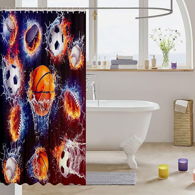 Basketball Fabric Shower Curtains Football Baseball Rugby Shower Curtain for Kids Boys Girls Sports Bathroom Waterproof Accessories with 12 Hooks Various Ball White And Flame Decor,72x72 Inches