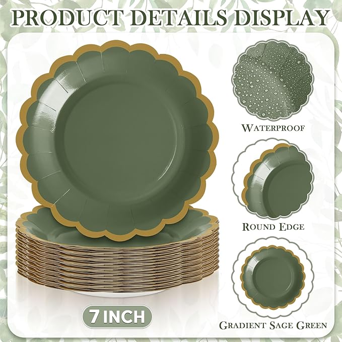 96 Pcs Gradient Sage Green Paper Plates 7 Inch Scalloped Disposable Dessert Plate for Coquette Bridal Pink Bow Wedding Birthday Baby Shower Party Supplies