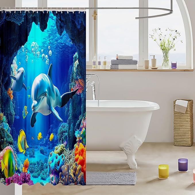 3D Dolphin Waterproof Shower Curtain 72"Wx78"L, Coral Sealife Shower Curtain for Kids Child Boys, 3D Nautical Sea Animal Bath Curtain, Blue Ocean Fish Bathroom Accessories Marine Life Toilet Decor