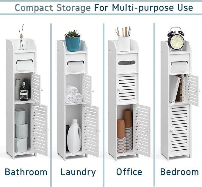Bathroom Storage Organizer - Floor Standing with Shelves - Includes 2 Apothecary Jars - Tall Bathroom Storage Cabinet for Toilet Paper, Towel & Other Bathroom Storage Accessories - White