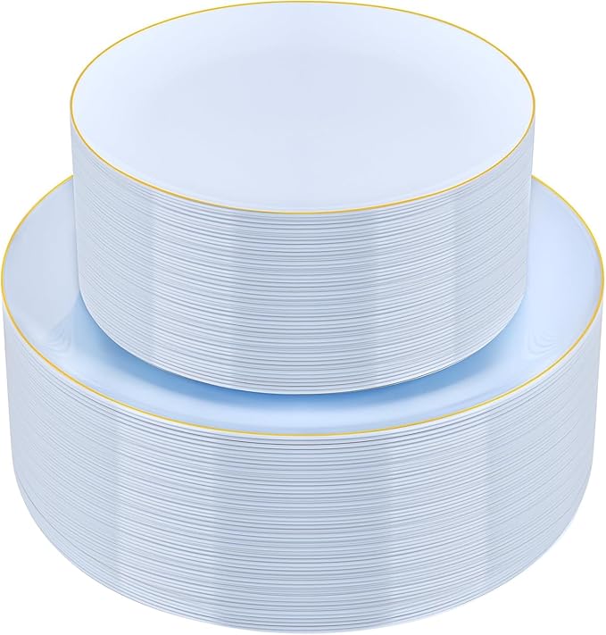 PULOTE 100PCS Blue Plastic Plates - Disposable Light Blue Include 50 Dinner & 50 Dessert/Salad Plates for Party, Wedding & Birthday