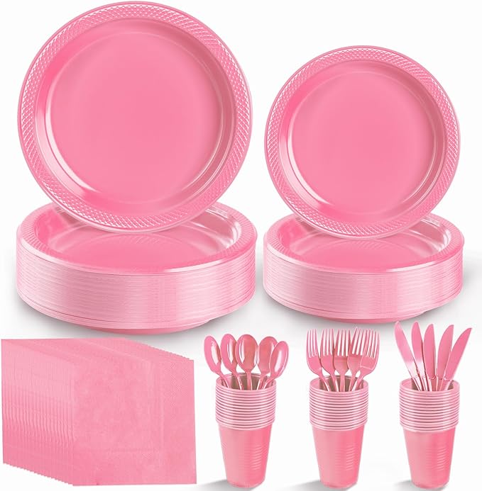 Pink Plastic Plates, 25 Guest Pink Party Supplies Set, Pink Disposable Dinnerware Set, Including Plastic Plates, 12 oz Cups, plastic Cutlery and Paper Napkins for Mothers Day Party Wedding Birthday