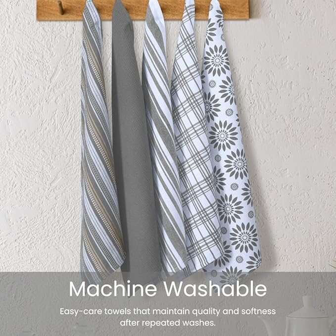 100% Cotton Assorted Kitchen Towels - Assorted Set of 5 Large 16x26 inch - Soft Absorbent Durable - Ideal for Drying, Cleaning, and Everyday Kitchen Use - Quick-Drying Dish Towel Grey