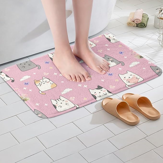 Erosebridal Kawaii Cat 20"X32" Door Mat for Girls Pink Cute Kids Bath Mat Cartoon Kitten Animal Bathroom Rug Flower Butterfly Cloud Stars Entrance Rug