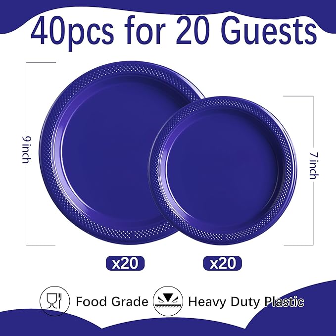 40 Pcs Royal Blue Plastic Plates for Patriotic Day, Blue Disposable Plates Heavy Duty, 20-9" and 20-7" Blue Plates for Graduation, Memorial Day, 4th of July