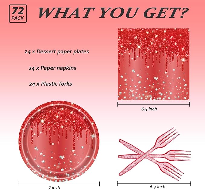 72 Pcs Red Glitter Paper Plates 7in Disposable Paper Dessert Plates Napkins and Forks Party Tableware Set Happy Birthday Table Decorations for 24 Guests Christmas Valentine's Day Red Birthday Party