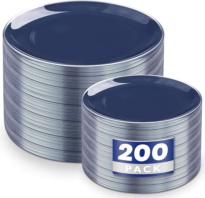 KIRE 200PCS Blue Plastic Plates with Silver Rim - Navy Blue Plastic Plates Include 100 Dinner & Dessert Plate - Heavy Duty Dark Blue Disposable Plate for Graduation/Parties/Memorial Day/Father's Day