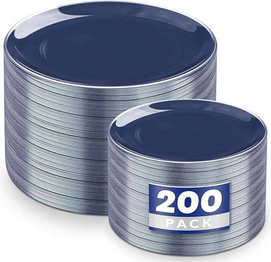 KIRE 200PCS Blue Plastic Plates with Silver Rim - Navy Blue Plastic Plates Include 100 Dinner & Dessert Plate - Heavy Duty Dark Blue Disposable Plate for Graduation/Parties/Memorial Day/Father's Day