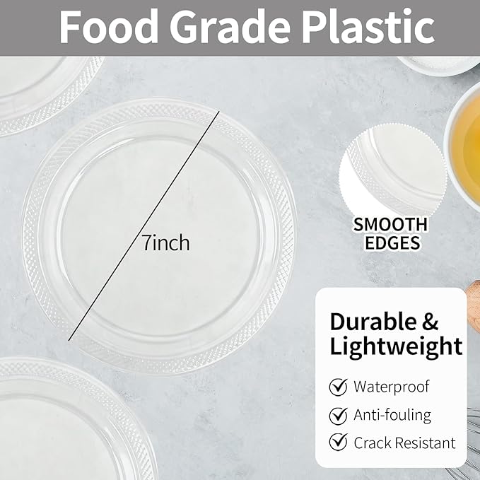 50 Pack Clear Plastic Plates, 7 Inch Disposable Party Plates Dinner Plates for BBQ Picnic Wedding Birthday Travel Events Party Supplies (Clear, 7 Inch)
