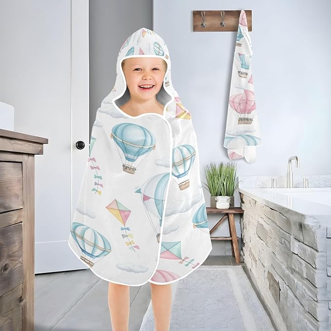CEBUGI Hot Air Balloons Hooded Bath Towel for Kids Absorbent Soft Bath Towel Wrap with Hood 50x23.5in Pool Beach Shower Towel for Boys Girls