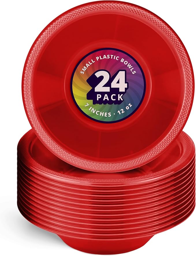 DecorRack 24 Small Plastic Bowls, 7 inch Disposable 12 oz Serving Bowl, Fruit Snack, Popcorn, Soup, and Salad, Kids Birthday and Holiday Party Supplies, Red (Pack of 24)