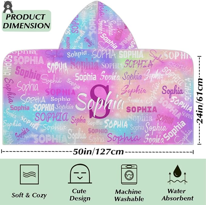 Custom Name Hooded Towels Bath Towels for Kids Toddler Infant Absorbent Bath Shower Gifts for Boy and Girl 24 x 50 Inch, Colorful Pink Blue Watercolor