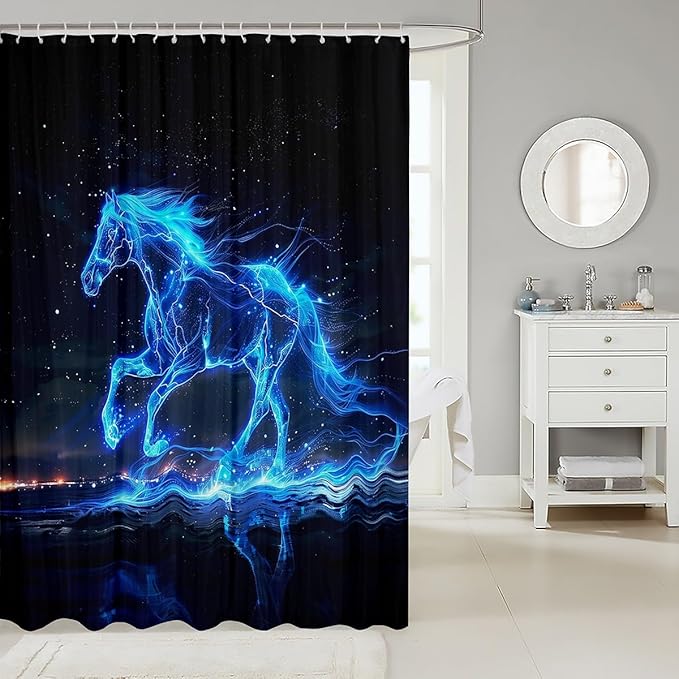 Blue Horse Waterproof Shower Curtains Luxury Heavy Fabric Bathroom Shower Curtain Lightning Horse Hotel Home Dorm Bathtubs Decor Shower Curtain Machine Washable Grommet Curtain 72 x 84 Inch