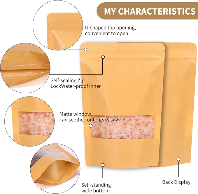 Moretoes 120pcs 5.9x8.6 Inches Kraft Paper Resealable Bags for Small Business, Kraft Bags with Window, Brown Ziplock Coffee Pouches for Home or Business