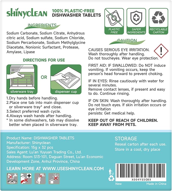 100% Plastic-Free Dishwasher Detergent Tablets, 32 Count, Free & Clear, All-in-One Dishwashing Pods, Enzyme-Powered for Stuck-On Food, Phosphate & Dye Free, Residue-Free Sparkling Shine
