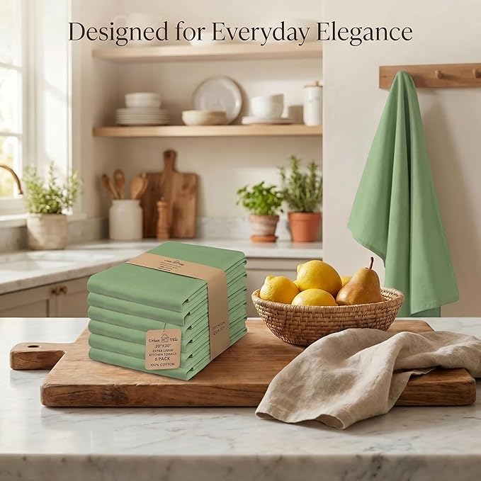 Urban Villa Kitchen Towels 100% Cotton Dish Towels for Kitchen(Set of 6)20”x30” Dish Cloths Highly Absorbent Kitchen Linen Set with Hanging Loop Perfect for Drying Dishes Cleaning Hand Towels – Green