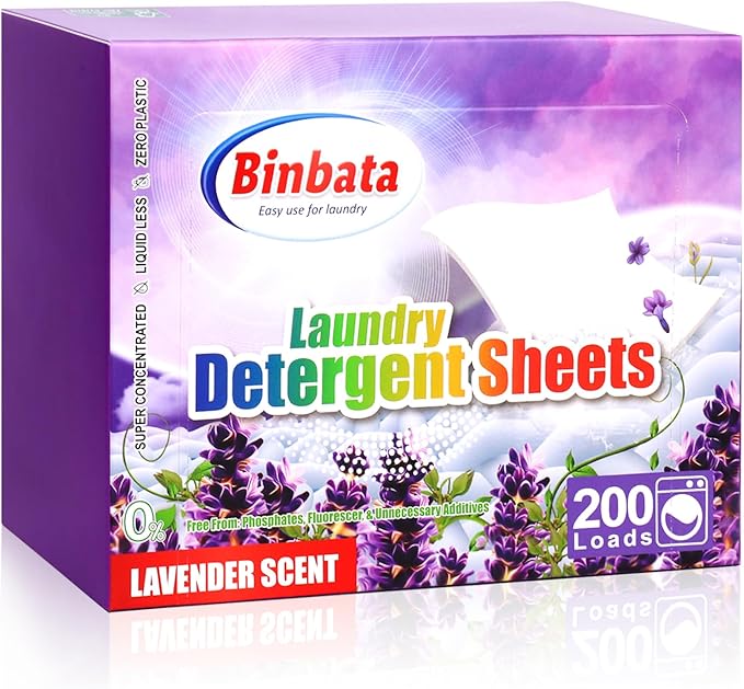 Binbata Laundry Detergent Sheets, 200 Loads Lavender Scent Hypoallergenic Eco-Friendly, Biodegradable Plastic Free Liquidless Laundry Sheets Suitable for Sensitive Skin