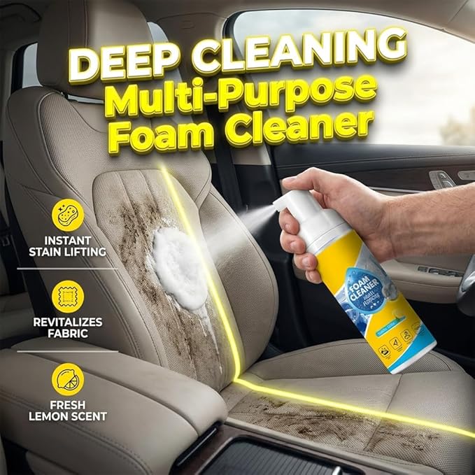 4-in-1 Foam Cleaner Multi Purpose, Rinse-Free Foaming Spray for Car Interior, Kitchen, Bathroom & Upholstery, Portable 5oz Multi-Enzyme Cleaning Kit with Sponge & Towel, 150ml (1 PCS)