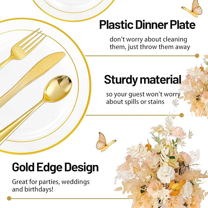 GATHER 350PCS Clear Gold Plastic Plates - Disposable Gold Dinnerware Sets Includes 100 Gold Rim Plastic Plates, 150 Silverware, 50 Napkins, 50 Cups for Party, Wedding