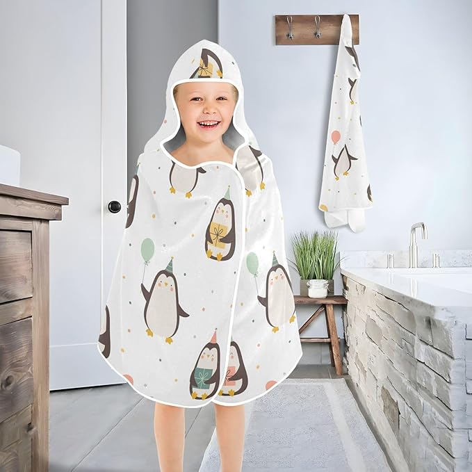 susiyo Kids Hooded Bath Towel Cute Penguins Beach Towel for Kids 23.5 x 50 Inch Microfiber Soft Absorbent Quick Dry Bath Swim Pool Towel Wrap Poncho Bathrobe with Hood for Kids Toddler