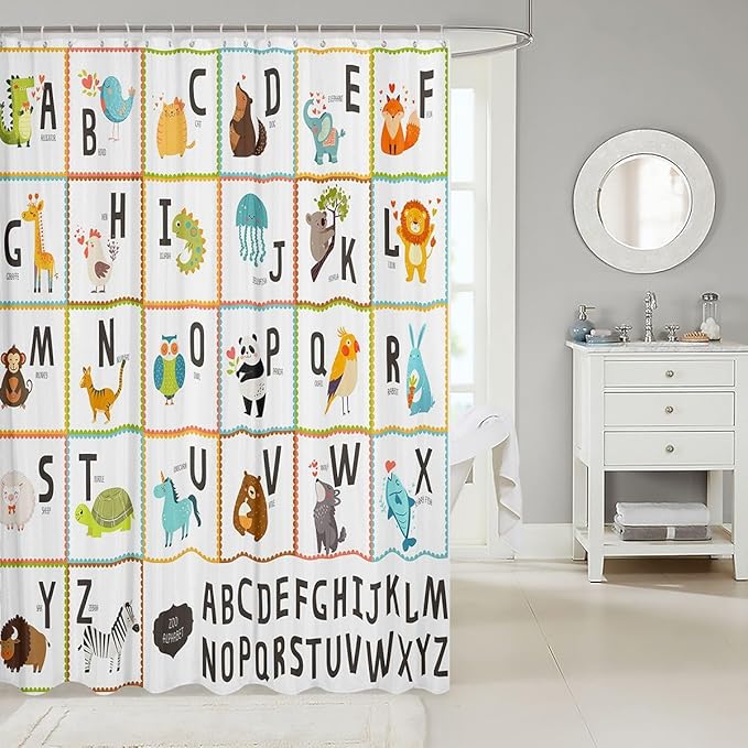 Kids Animal Shower Curtain Children Toddler Alphabet Shower Curtains with Hooks Cute Cartoon Wild Animals Bath Curtain Vibrant Room Decor Educational Waterproof Cloth Fabric Bathroom Decor 72x72 Inch