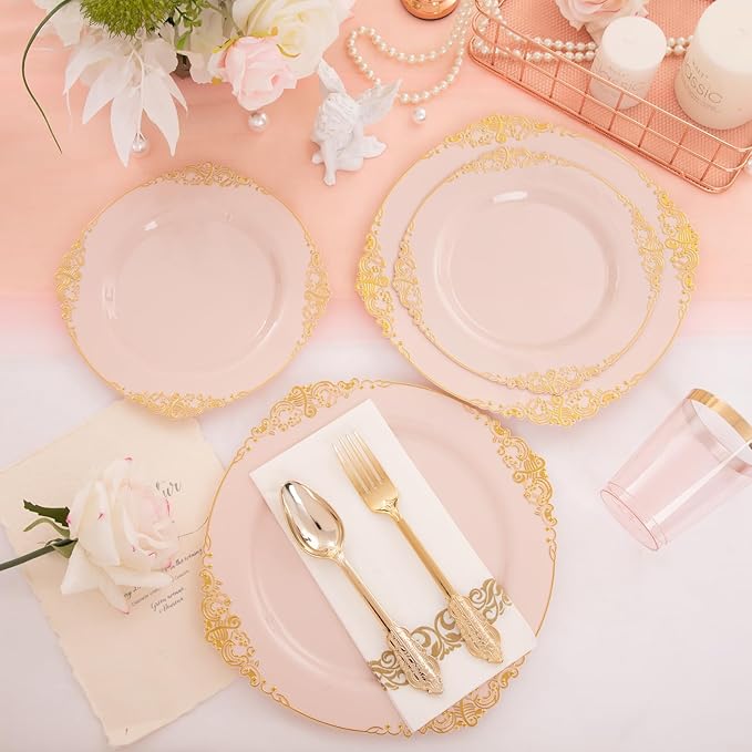 Morejoy 175pcs Pink Plastic Plates - Pink and Gold Disposable Plates sets, Include 25 Dinner Plates,25 Dessert Plates,25 Cutlery Sets,25 Napkins Perfect for Wedding & Party & Holiday & Mother's Day