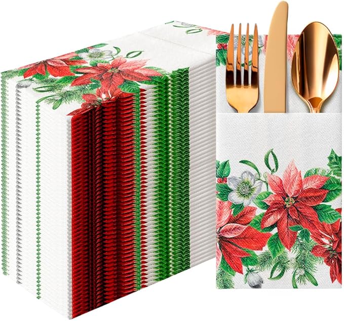 PAW - Christmas Linen Feel Napkins with Built-in Flatware Pocket, Absorbent Pre-Folded Dinner Napkins with Poinsettia, Guest Towels for Xmas Dinner, Wedding, Winter Holiday, Decorative Towel, 50 Count