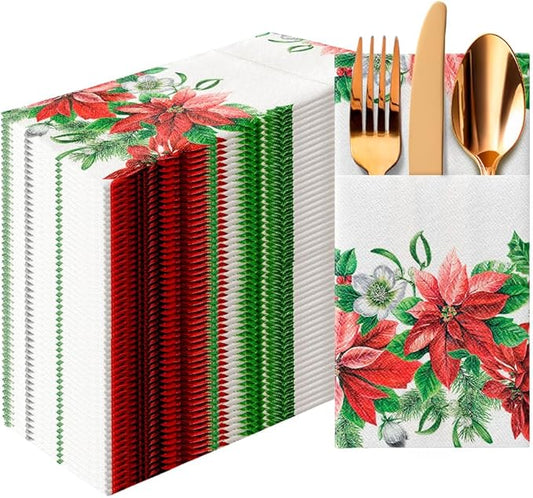 PAW - Christmas Linen Feel Napkins with Built-in Flatware Pocket, Absorbent Pre-Folded Dinner Napkins with Poinsettia, Guest Towels for Xmas Dinner, Wedding, Winter Holiday, Decorative Towel, 50 Count