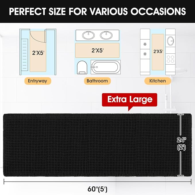 Accumtek Extra Large Waffle Bath Mat, 5'x2' Black, Super Absorbent Non-Slip Quick Dry Bathroom Rugs with Tassels, Machine Washable Ultra Soft Boho Bath Rugs for Floor, Toilet Mats Boho Farmhouse Decor