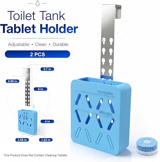 2Pcs Toilet Tank Tablet Holder, Adjustable Silicone Toilet Tablet Holder for Inside Tank, Toilet Bowl Cleaner Holder, Toilet Tank Cleaner Caddy Basket, Helps Reduce Residue Buildup & Flapper Jams Blue