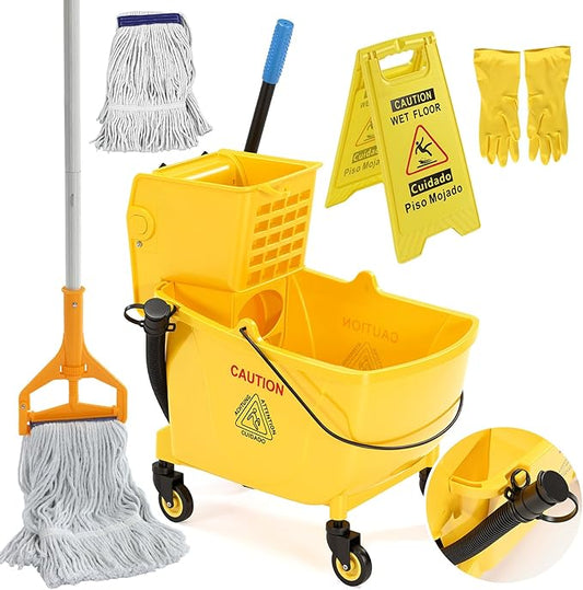 38 Qt Commercial Mop Bucket with Side Press Wringer on Wheels, Including Wet Floor Caution Sign, 1 Heavy Duty Industrial Mop, 1 Mop Head Replacement and a Pair of Gloves