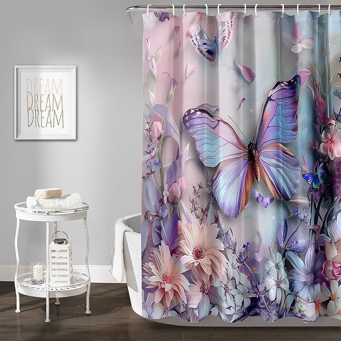 AILONEN Purple Butterfly 48" W x 72" H Shower Curtain - Romantic Floral Butterflies Bath Curtains for Women Girls - 3D Beautiful Flowers Bathroom Curtain + Plastic Hooks - Waterproof