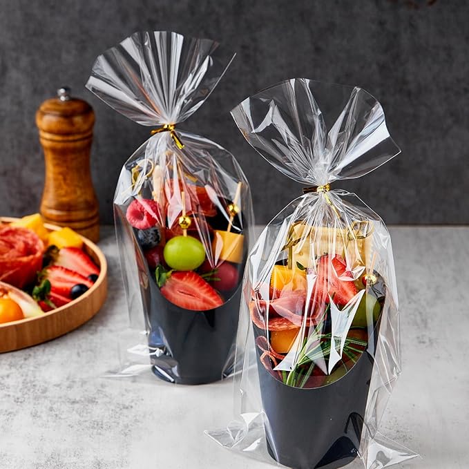 ZORRITA 50 Sets 14 oz Charcuterie Cups with Sticks and Bags, Individual Black Paper Charcuterie Boxes Disposable Individual Appetizer Serving Cups (50 Cups + 200 Cocktail Picks + 50 Bags + 50 Ties)
