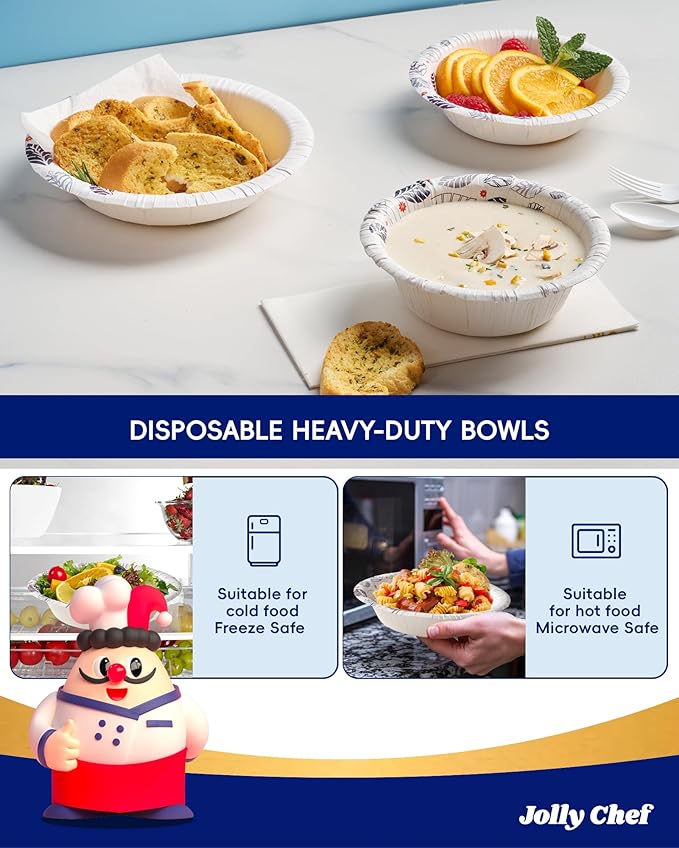 JOLLY CHEF 160 Count Paper Bowls 20 oz Soak Proof and Cut Proof Microwave Safe Heavy Duty Leaf Printed Disposable Bowls for Dinner or Every Day Use