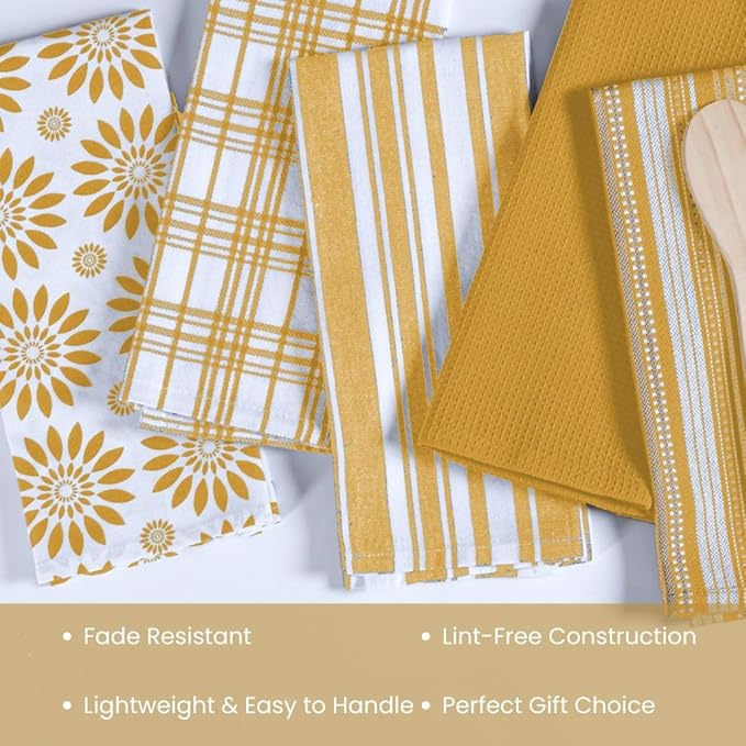 Assorted Kitchen Towels 16x26 inch 100% Cotton Set of 5 - Soft Absorbent Washable Tea Towel for Kitchen - Dish Cloths Towel with Hanging Loop - Quick Drying Dish Towels Mustard Yellow