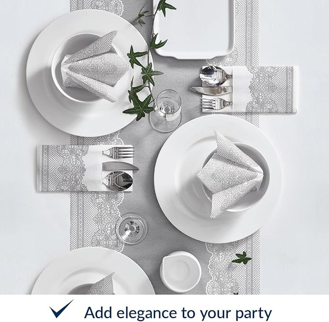 PAW - Linen Feel Napkins with Built-in Flatware Pocket, Soft and Absorbent Paper Pre-Folded Napkins with Silver Lace, Elegant Guest Towels, Wedding Party, Dinner, Birthday, Gatherings, 50 Count