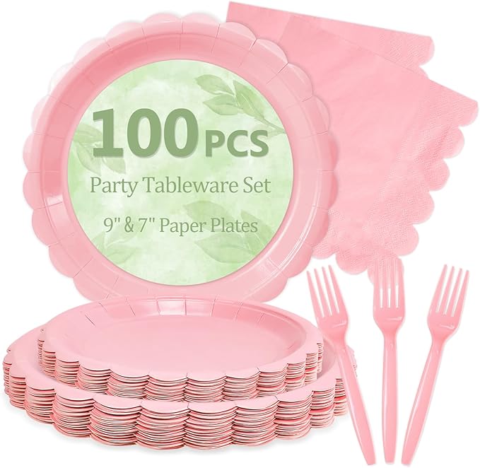 Mulbozy 100 Pink Paper Plates and Napkins Disposable Set Includes 25-9" & 25-7" Dessert Cake Scalloped Plates, Cocktail Napkins, Forks for for Holiday Party Supplies