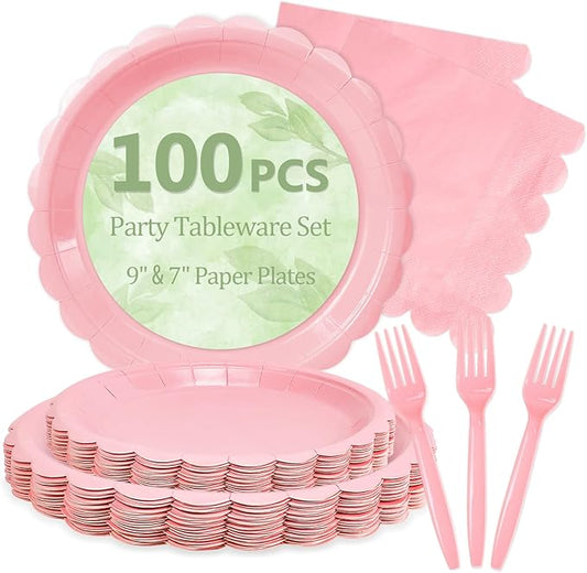 Mulbozy 100 Pink Paper Plates and Napkins Disposable Set Includes 25-9" & 25-7" Dessert Cake Scalloped Plates, Cocktail Napkins, Forks for for Holiday Party Supplies