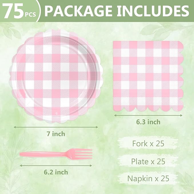 Mulbozy 75 Pink Gingham Plates and Napkins Disposable Set Includes 25 Dessert Cake Scalloped Plates, Cocktail Napkins & Forks, for Fork 25 Guests Holiday Party Supplies.