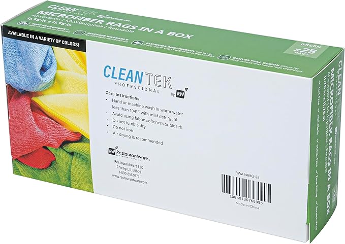 Restaurantware-Clean Tek Professional 11.81 x 11.81 Inch Microfiber Rags in a Box, 25 Absorbent Cleaning Cloths - No-Scratch, Green Microfiber Reusable Edgeless Cleaning Towels, Leaves No Streak